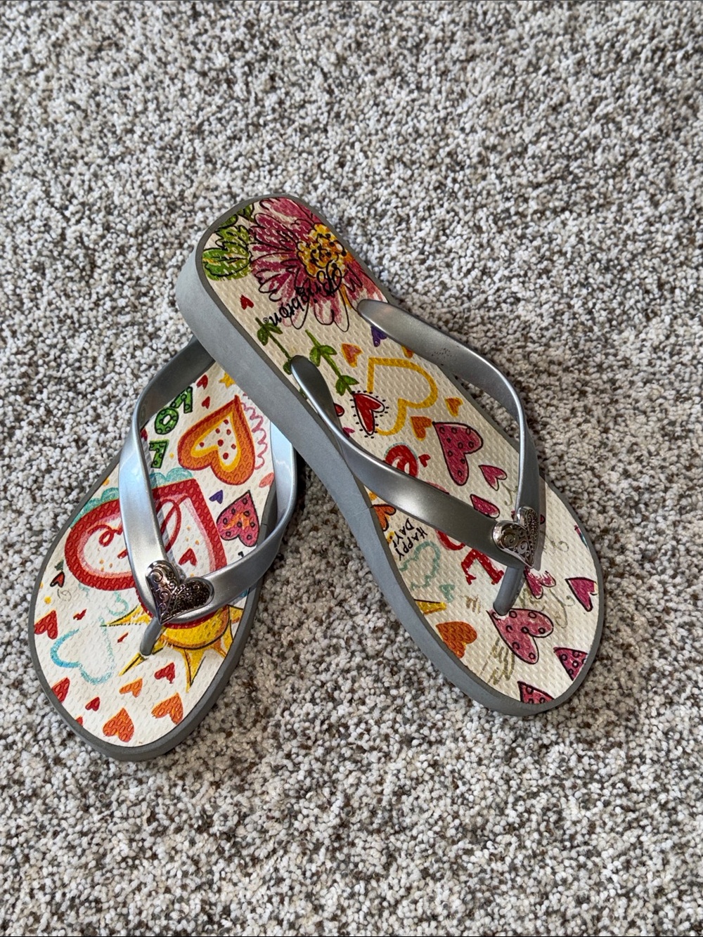 Brighton Silver Strap Flip Flops with Colorful Heart Print